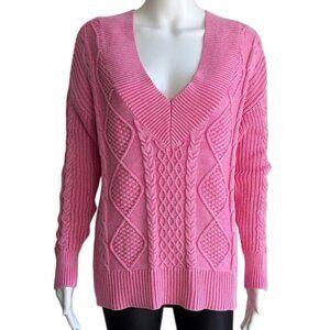 Aerie Pink Cable Knit Deep V-Neck Sweater – Size XS